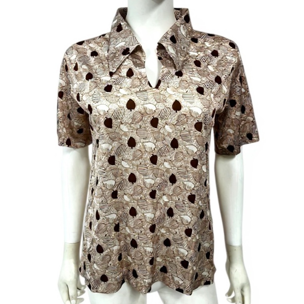 VTG 70s Short Sleeve Top Women Small Brown Poly Jersey Graphic Hippie Retro